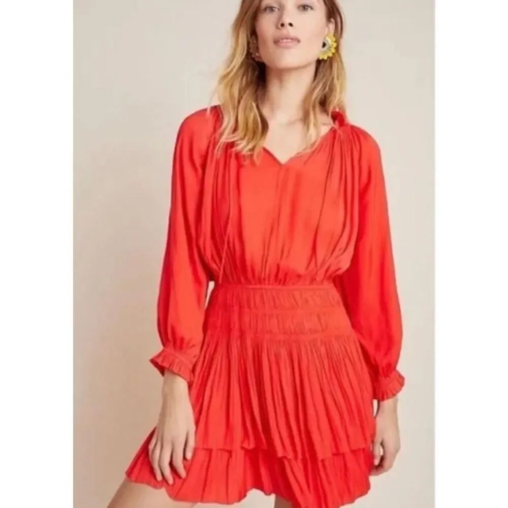 Joie orange silky tiered ruffled smocked dress size small